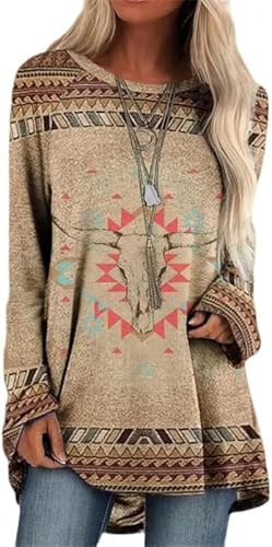DSAoTeng T-shirt a maniche lunghe con stampa 3D etnica azteca occidentale bohémien da donna vintage moda lunga abito oversize streetwear, # 18, 4XL