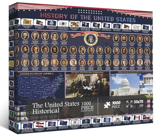 American History 2025 Jigsaw Puzzles 1000 Pieces, United States Puzzles for Adults Featuring USA Map, Presidents, Flag, American President Puzzle as History Home Decor