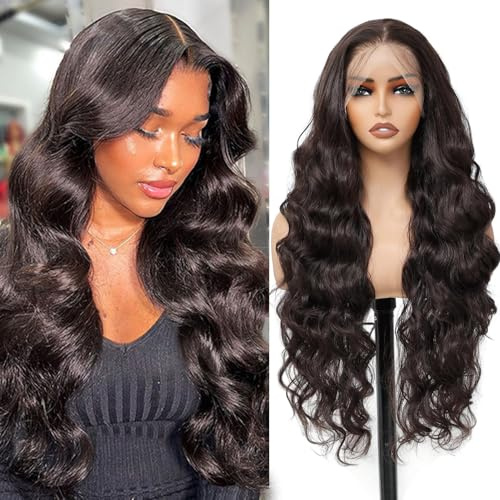 Humistwbiu 13x6 Lace Frontal Wig Long Body Wave Wigs Pre-Plucked Hairline with Baby Hair Transparent Swiss Lace Heat Resistant Synthetic Hair Glueless Wavy Wigs for Women 32 Inch (#Brown)
