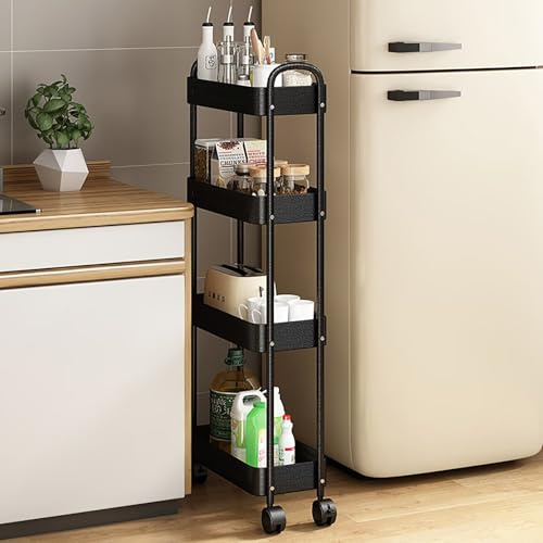 Hovoto Carrello da cucina in metallo sottile, carrello per nicchia a 4 livelli, scaffale per nicchia su ruote per spazi stretti, cucina, soggiorno, lavanderia, bagno, 40 x 18 x 101 cm