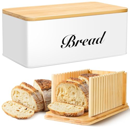 RYTOXILO Bread Slicer for Homemade Bread with Box, White Bread Storage for Kitchen Countertop with 3 in 1 Bamboo Lid, Bread Loaf Slicers Machine with Slicing Guide for Sandwich, Sourdough