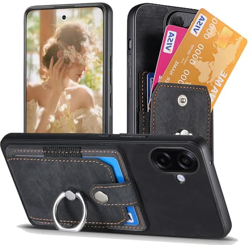 Fofvccv Wallet Case for Samsung Galaxy A07 with Card Slots -SJZ Black | 360 Rotation Ring Holder Kickstand Case for Men Women, Ultra Thin Shockproof Protective Cover for Samsung A07