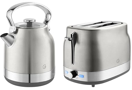 Swan Retro Kitchen Set, 1.7L Rapid Boil Traditional Kettle and 2 Slice Toaster, Non-Slip Feet, Stainless Steel, SK14631SS & ST19028SS