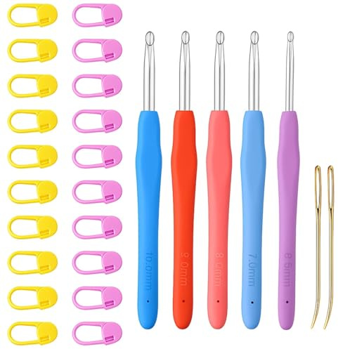Kit Crochet Débutant Complet, 17 Pièces Crochets Tricot Ergonomiques 6,5 mm à 10 mm avec Aiguilles à Tricoter et Marqueurs de Maille, Set de Crochet Confortable pour Adultes et Débutants