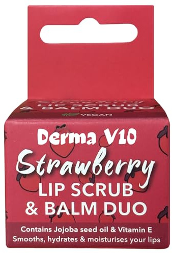 Derma Strawberry Lip Scrub & Balm Duo – Exfoliating Lip Treatment Set with Jojoba Seed Oil & Vitamin E – Smooths, Hydrates & Moisturises Lips – Vegan Lip Care for Soft, Kissable Lips