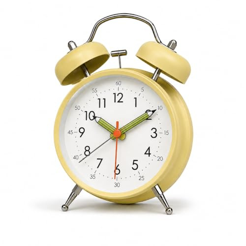 Linlinwill Loud Alarm Clock for Heavy Sleepers, Silent Metal Alarm Clock Non Ticking, 4 Twin Bell Alarm Clock with Night Light, Battery Operated Analogue Alarm Clock for Bedroom (Mustard Yellow)