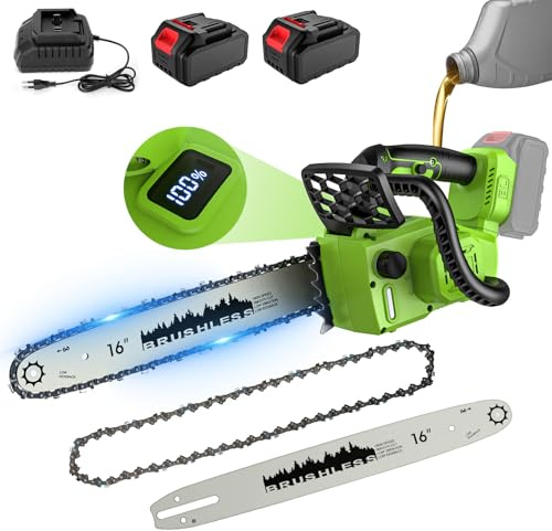 Motosega a Batteria 16 Pollici, Motosega Elettrica con 2 x 4,0 Ah Batterie, 2200W Motore Brushless, Display LCD, Lubrificazione Automatica, Tensionamento Catena senza Utensili, Per Taglio Legno