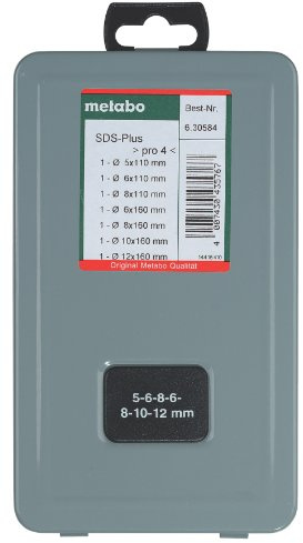 metabo SDS-plus Pro 4 2C Bohrerset, 7-tlg. Hammerbohrer Set Beton & Stein | Profi Steinbohrer Set für Mauerwerk und Granit, 7 tlg. inklusive Maßen 5 mm bis 12 mm, hohe Bruchsicherheit
