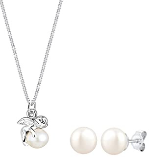 Elli Schmuckset Damen Engel Anhänger Elegant mit Süßwasserzuchtperle | 925 Sterling Silber