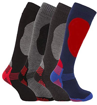 3 Pack Childrens/Boys High Performance Ski Socks With Extra Cushioning, Shin Protection, Assorted Colours, UK: 12.5-3.5, EUR: 31-34