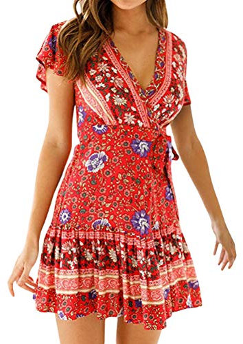 Onsoyours Femmes Sexy Col en V Robes Bohème Floral Imprimé Style Ethnique Vintage Mini Robe Robe De Plage Swing Dress A Vin Rouge FR 34