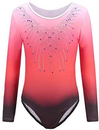 Sinoem Gymnastikanzug für Mädchen, Einteiler mit Farbverlauf und Glitzer. Für Tanz, Ballet, Turnen (7–8 Jahre), rot - langärmelig