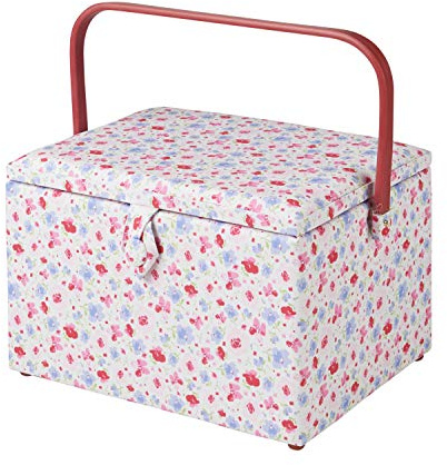 Large Sewing Box in a Pink and Blue Floral Fabric | 31 x 23 x 20cm, Storage and Organiser Basket with Compartments for Sewing Supplies, Accessories, Thread, Needles and Scissors