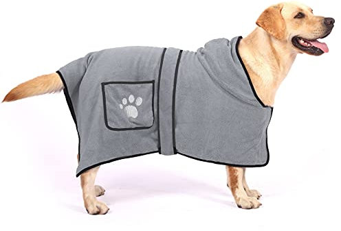 SMALLLEE_LUCKY_STORE Hunde-Bademantel mit Kapuze und Tasche zum von kleinen mittelgroßen und großen Hunden, Verstellbarer Bademantel mit Taillengurt Mikrofaser schnell trocknend super saugfähig