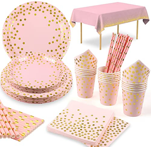 Lilydora 16 Gäste Rosa Partygeschirr Pappteller Set Geburtstag Teller Pappbecher Servietten Strohhalm Tischdecke Rosa Gold Partygeschirr Pappteller Partyteller Pappgeschirr Geburstag Mädchen