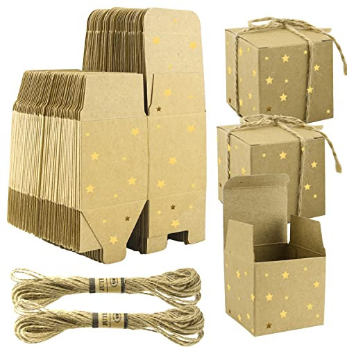 CHRI 50 Stück Kleine Geschenkbox Karton Geschenkboxen Braun 5 * 5 * 5 cm Kraftpapier Geschenkbox Goldene Stern Schachtel mit Deckel für Hochzeit, Weihnachten,Geschenke, Party