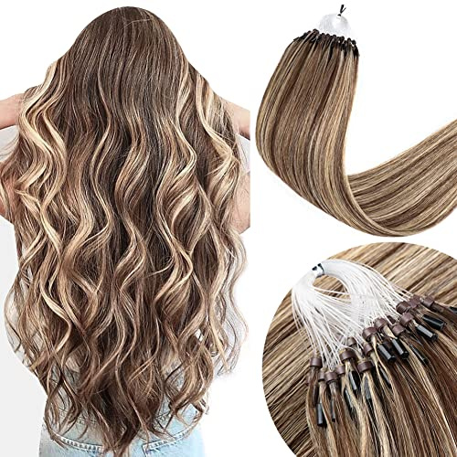Senmy Micro Link Hair Extensions Human Hair Brown with Blonde Highlight 18inch Micro Beads Human Hair Extensions 0.5g/strand 50g/pack Micro Loop Extensions Human Hair Invisible Beaded Hair Extensions