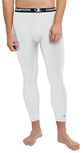 Champion Mens Leggings, Total Support Pouch 3/4 Compression Anti-Odor, Moisture-Wicking for Women, 23.5 Inseam, White, Medium US