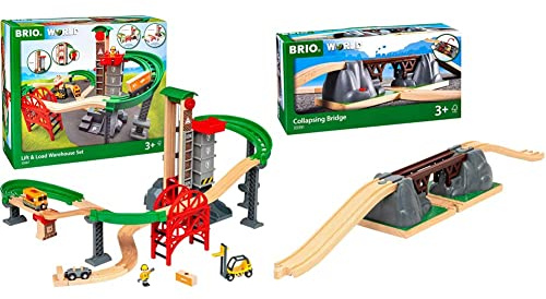 BRIO World 33887 Großes Lagerhaus-Set mit Aufzug - Zubehör für die BRIO Holzeisenbahn - Konstruktionsspielzeug empfohlen für Kinder ab 3 Jahren & World 33391 Einsturzbrücke