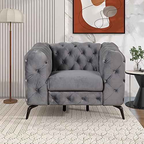 kevinplus Accent Armchair Velvet Upholstered Chesterfield Sofa Couch Single Sofa Chair, Modern Button Tufted Couch with Strong Metal Legs for Living Room Bedroom Small Space, Grey