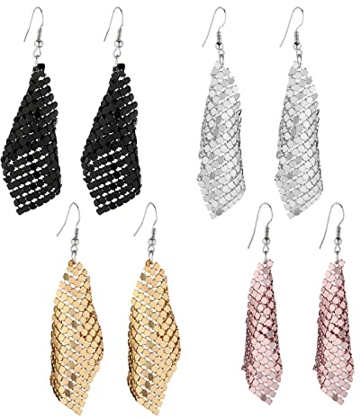 Eigso 4 Stück Pailletten Ohrringe für Frauen Männer Metallic Mesh Grid Tassel Drop Ohrring für Mann Frau
