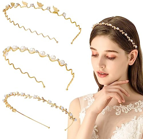 Kiiwah Pack 3 Stück Stirnband mit Strass Perle Haarreif Hochzeit Braut Elegante, Haarband Hochzeit Verstellbarer für Damen Mädchen