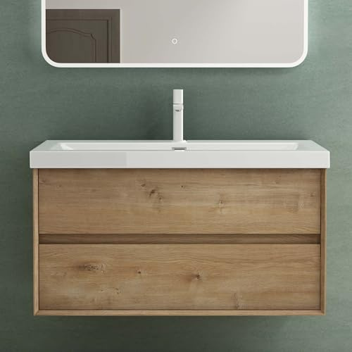 Mai & Mai Mobile Bagno Sospeso 100cm, Mobile da Bagno con 2 Cassetti Include Lavabo Bianco Rimo F156, Marrone chiaro