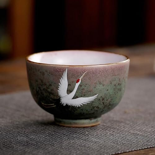 DYETEE Taza de té de Porcelana y cerámica con grulla, Juego de té de Kung Fu, Taza de gres, Cambio de Horno, Taza de té con Fragancia con Olor Vintage