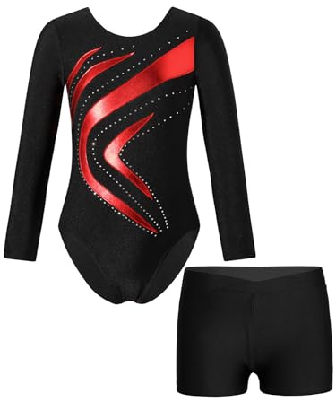 YiZYiF Mädchen Turnanzug Langarm Metallic-Kurvenmuster Trikot Gymnastik Shorts Set Kinder Ballett Tanzoutfit Wettbewerb Trainingsanzug A_Rot 122-128