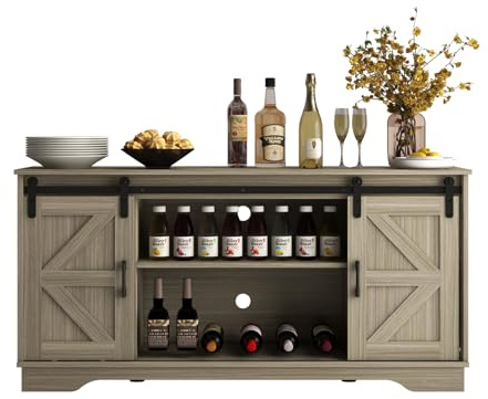 Panana Sideboard, Küchenschrank mit 2 Schiebetüren und Verstellbarem Regal, Aufbewahrungsschrank für Küche, Wohnzimmer, Esszimmer, 150 x 40 x 71 cm (Grau), FRSB56
