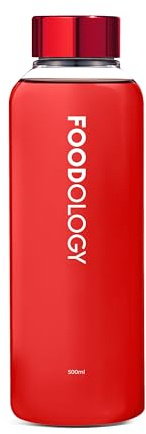 FOODOLOGY Bottle for Drink Mix (Red, 16.9fl oz) - Leak Proof, Lightweight, Durable Sports Water Bottle. Reusable for Gym, Outdoor, Travel. BPA Free, Clear Beverage Container with Marker