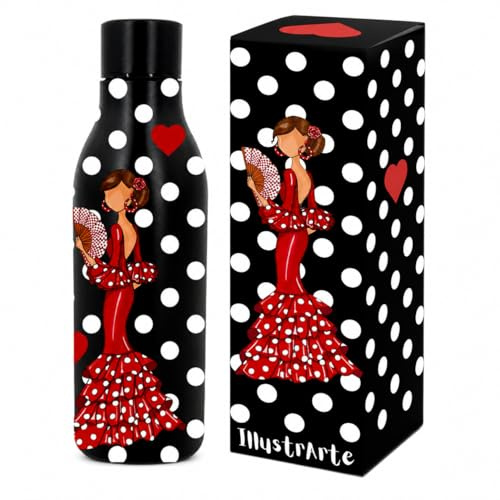 illustrArte Botella Térmica Flamenca Pepa 500 ml sin BPA | Botella térmica flamenca 500 ml de acero inoxidable sin BPA; regalo para clase, trabajo o viaje.