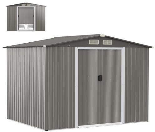 HOMASIS Casetta da Giardino in Metallo, Capannone per Attrezzi con Tetto a 2 Falde e Fondamenta, Capanno con 4 Finestre e 2 Porte Scorrevoli (Grigio scuro, 260 x 207 x 180 cm, 9,7 m³)