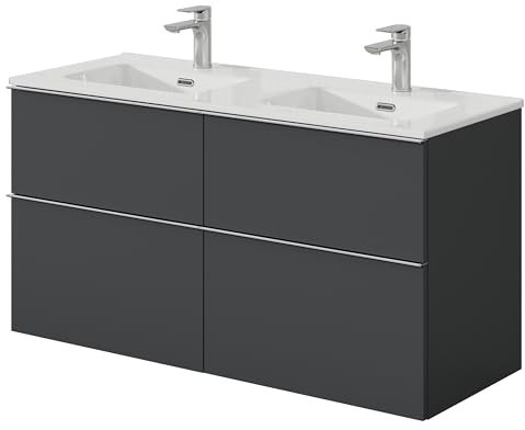 Bernstein Badmöbel-Set Lavoa 120cm bestehend aus Doppel-Waschbecken und Unterschrank mit 4 Schubladen, Waschbeckenunterschrank in Anthrazit, Griff in Chrom- 5 Jahre Garantie - Waschtisch in Weiß