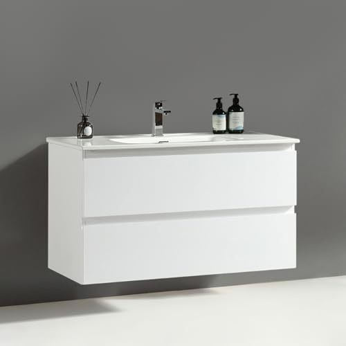 Alpenberger Gäste WC Waschbecken mit Unterschrank 100 cm Breit | Waschbeckenunterschrank Weiß | Badezimmermöbel Waschtisch mit Schubladen | Badschrank Badmöbel Set Vormontiert