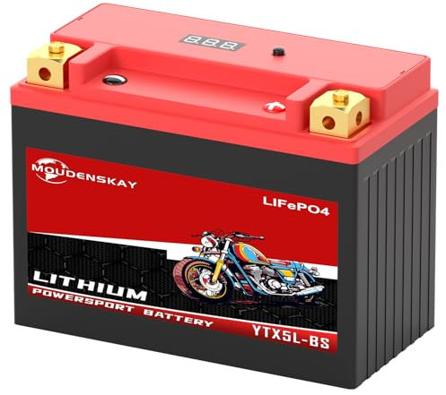 MOUDENSKAY Batteria al Litio per Moto 12V Batteria al Litio Powersports con BMS e indicatore 12.8V 3Ah 280CCA 38.4WH YTX5L-BS LiFePO4 batteria di avviamento per moto,ATV,UTV,veicoli d'acqua, ecc