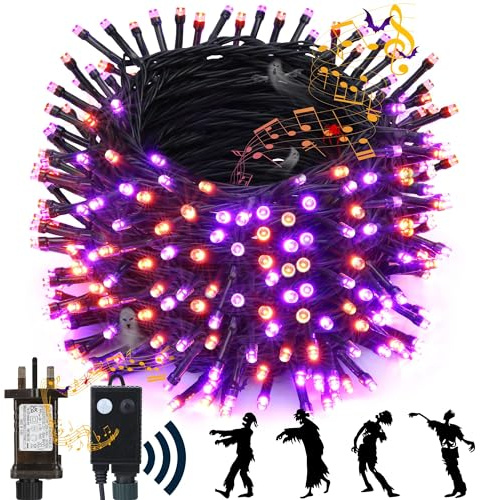 NEXVIN Halloween Decorations Lights Outdoor, 20M 200 LED Halloween String Lights with Spooky Music Waterproof, Plug in Motion Sensor Orange & Purple Fairy Lights for Yard Bedroom Home Party Tree Decor