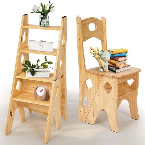 bimiti Chaise à Pliante en Bois Massif bibliothèque Pliante, Bois jusqu'à 180 kg, Multifonctionnel Fleurs et Chaise Stand d'exposition pour bibliothèque, Bureau, Support à Fleurs