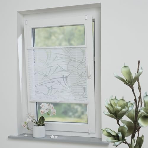 Plissee mit ausgebranntem Motiv Lines, halbtransparent, ohne Bohren oder Schrauben, inkl. Klemmträger, Breite: 70 cm/Länge: 210 cm, Farbe: weiß