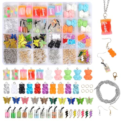 Maxmoc 160 Stück Charms Anhänger,Schmuck Selber Machen Set | Coole Sachen mit Bubble Tea Schmetterling Gummibärchen, Charms Anhänger für Ohrringe Halskette Armband Schlüsselanhänger
