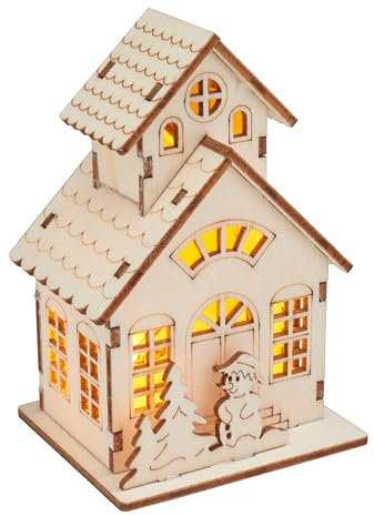 VBS Holzbausatz Haus mit Turm und Schneemann inkl. LED 15 Teile DIY Weihnachtsprojekt Weihnachtszeit