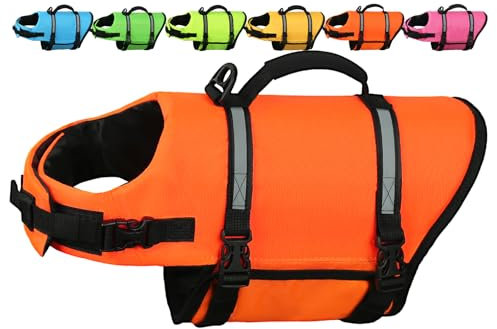 AMZNOVA Rip Stop Hundeschwimmweste, Schwimmweste Hund für Bootfahren, Auftrieb & Schwimmhilfe, Rettungsweste, XS, Leuchtend Orange