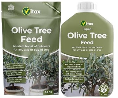 Vitax Olive Tree Feed - Organic Fertilizer with Extended Nitrogen Release for Healthier Growth, Dense Foliage & Improved Fruiting - Suitable For Borders, Pots & Containers - 0.9kg Pouch & Liquid 1L