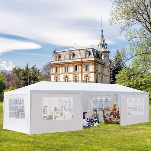 3m x 9m Large Party Gazebo Heavy Duty Garden Marquee Outdoor Party Tent with Side walls and Windows for Parties Events and Weddings White 7 Sides