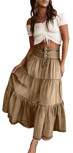 SUIUOI Falda vaquera acampanada,Falda vaquera con capas de tul,Falda larga de mezclilla estilo tutú, marrón, XL