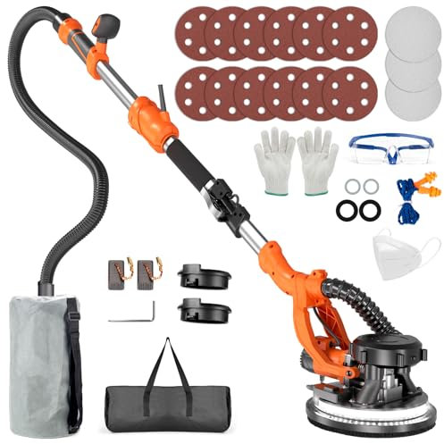 Protmex Giraffa Levigatrice - 1000W Levigatrice per Muro con Aspiratore e Luce LED, 6 Velocità 800-2200RPM, Dischi di Levigatura 15pcs, Pieghevole Estensibile per Muri