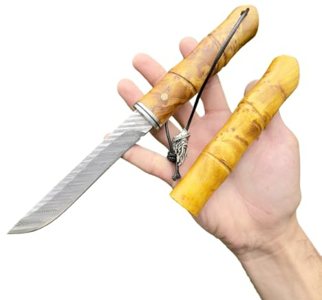 Obespina Couteau Lame Fixe Acier Damas Damascus 67 Couches VG10 Tranchant Manche bois Stabilisé Collection Cadeau Homme Camping Extérieur étui intégral EDC Luxe Original Tanto perle EDC