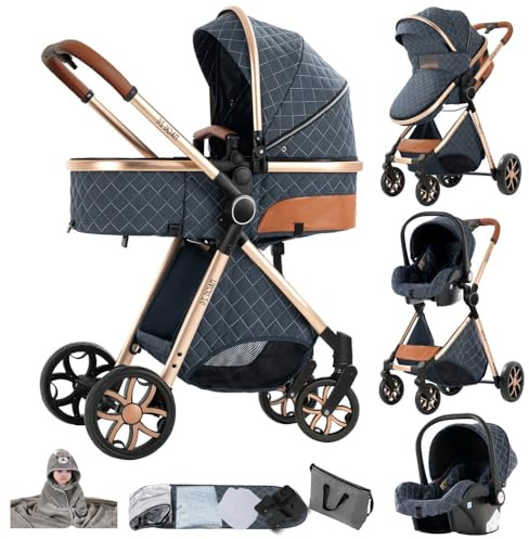 3 in 1 Kinderwagen Blau, Aluminiumrahmen | umfangreiches Zubehör,Das flexible Verdeck schützt vor Sonne und Wind, Kinderwagen Set