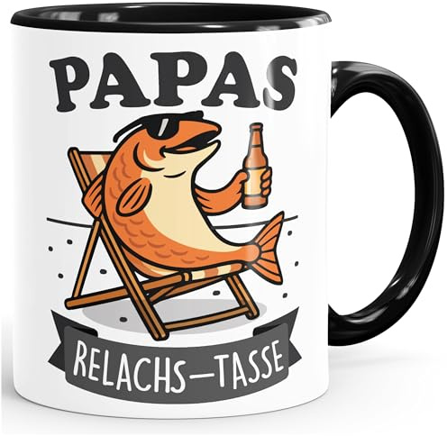 MoonWorks® Tasse Lustig Wortspiel Lachs Relax Geschenkidee für Papa zum Vatertag Angler Keramik Becher Weiss-innen-schwarz standard