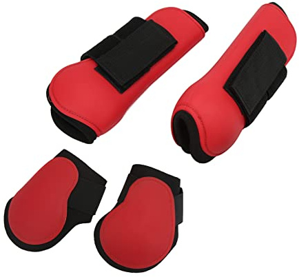 Qukaim 4-teiliges Pferdespannenstiefel-Set, weiche Anti-Rutsch-Polsterung, PU-Schale, Sehnenschutzstiefel für Pferde, Set mit roten XL, Pferdesehnen-Hinterstiefel, PU-Pferde-Streichkappen